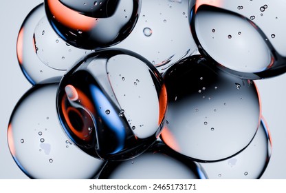 Abstraktes 3D-Rendering von schwimmenden, flüssigkeitstransparenten Blasen, die über grauem Hintergrund miteinander kollidieren – Stockillustration