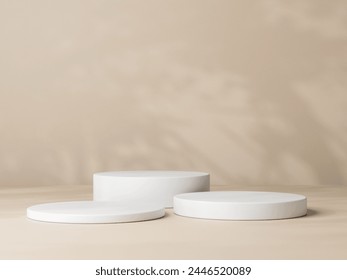 Abstract brown 3D room with realistic white cylinder pedestal podium set. Minimal scene for product display presentation. 3d rendering. Ilustração Stock