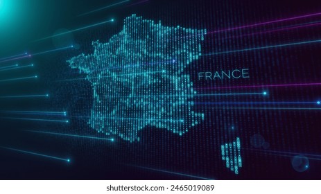抽象的未来的な青紫色の光沢のあるパーススクエアハッド粒子モザイクグリッドとテキストかすかな行政フランスの地図と点線ライトフレアのイラスト素材