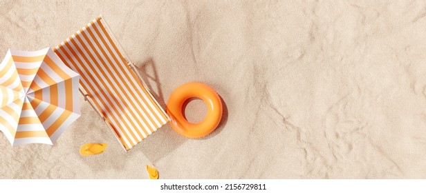 Beach umbrella with chairs, inflatable ring on beach sand. summer vacation concept. 3d rendering Stock Illustration