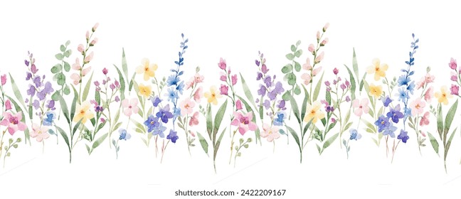 Стоковая иллюстрация: Beautiful horizontal floral seamless pattern with watercolor hand drawn flowers. Stock background design print.