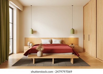 Beige hotel bedroom interior with bed, nightstand with decoration and bench, carpet on hardwood floor. Sleep room with wooden wardrobe and panoramic window on tropics. 3D rendering: stockillustratie