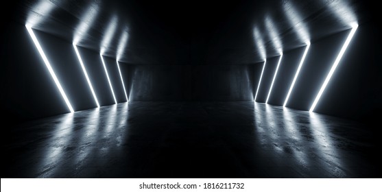 Big Large Neon Laser Blue Dark Night Warehouse Tunnel Corridor Concrete Garage Grunge Sci Fi Futuristic Underground Showcase Car Parking Empty 3D Rendering Illustration 库存插图