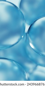 Blue cosmetic serum liquid bubbles macro close-up background. Concept moisturizer essence gel and collagen fluid bubble molecules. Glossy oil droplets 3D illustration product demo backdrop wallpaper.: stockillustratie