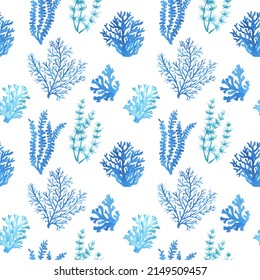Blue seamless pattern with a underwater life objects, sea plants - illustrations of tropical aquarium seaweed. Marine aquarium flora design. Hand drawn watercolor painting on white background. Ilustração Stock