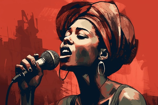 Black female singer singing into microphone, grunge art. Digital watercolor painting. Painting. – Hình minh họa có sẵn