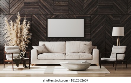 Blank picture frame mock up in modern living room interior with wooden wall panel, wooden chairs and beige sofa, decoration, living room interior design background, 3d rendering Ilustração Stock