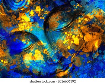ブッダ – 水彩を加えたデジタルアートのコラージュ。青と黄色のスプラッシュと塗料の汚れ。内部に描かれた珍しい絵の手
のイラスト素材