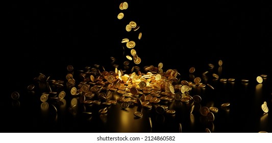 gold coins drop from sky on black background copy space .3D Rendering. 库存插图