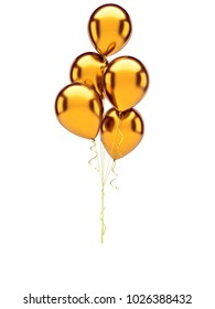 Gold metallic baloons with gold ribbons isolated on white background. 3D illustration of celebration, party baloons स्टॉक इलस्ट्रेशन