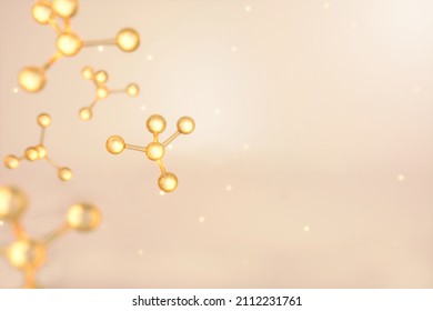 Gold molecule with golden light on bright brown background. Cosmetic and Skin serum treatment concept. 3D rendering Illustrazione stock