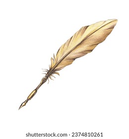 Gold pen with quill feather and metal tip. Hand drawn watercolor illustration. Isolated object on a white background. Stock-illustration