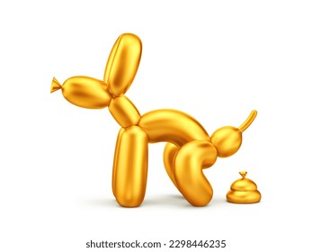 白い背景に金色の風船と犬の形。切り取り線付きの3Dレンダリングのイラスト素材