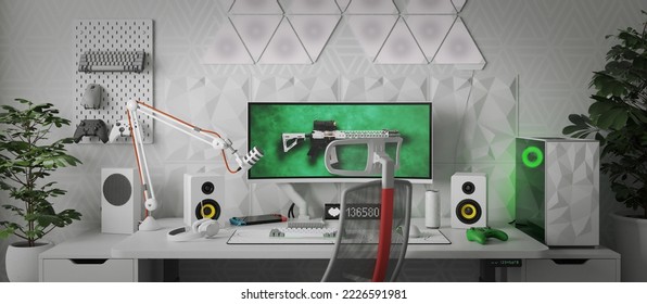 A general view of the comfortable workplace of a professional gamer and cybersprotsman. The interior is in white colors. 3D render. 3D Illustration Stockillustration
