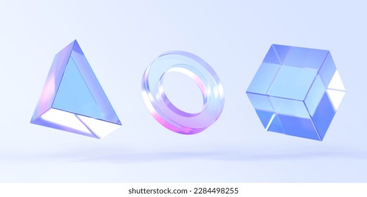 Glass triangle, ring and cube box, 3d render icons set. Abstract geometric shapes with holographic gradient texture, crystal rainbow objects, graphic elements isolated on background. 3D Illustration, ilustrație de stoc