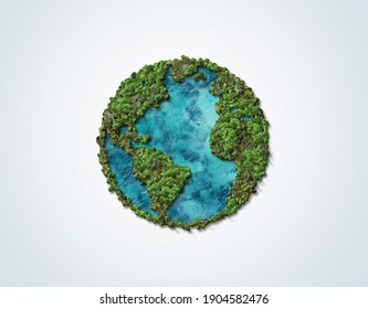 Green World Map- 3D tree or forest shape of world map isolated on white background. World Map Green Planet Earth Day or Environment day Concept. Green earth with electric car. Paris agreement concept. Stock Illustration