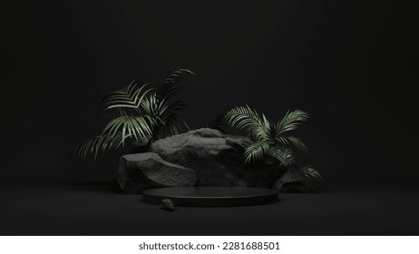 暗い表彰台、広告製品や商品のショーケース – 3Dレンダリング。自然の石と緑の熱帯のヤシの枝を表示します。自然の化粧品とブランディングの背景。のイラスト素材