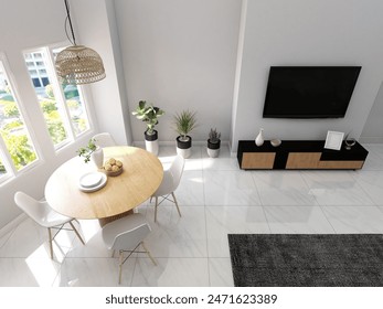 Dining room and living room with interior decoration with ornamental plants, ceiling lamps and tv. 3d rendering, interior design, 3d illustration ภาพประกอบสต็อก