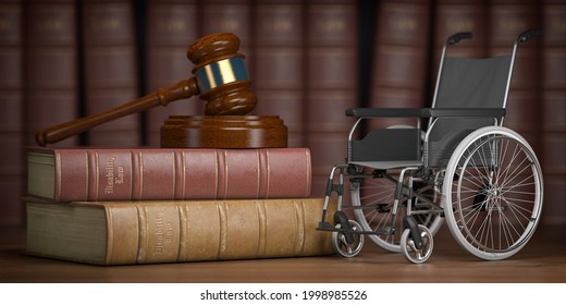Disability law and social services for disabled people concept. Wheelchair and gavel. 3d illustration Stock-illustration