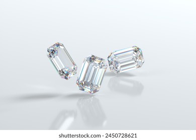 Emerald Shape Diamonds group isolated on white background 3d rendering Stockillustration