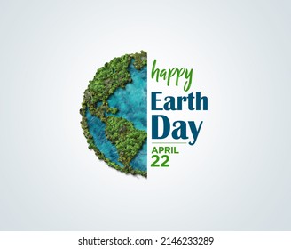 Earth day concept. 3d eco friendly design. Earth map shapes with trees water and shadow. Save the Earth concept. Happy Earth Day, 22 April. Stock Illustration
