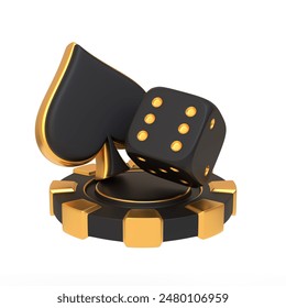Elegant image of golden-accented dice, spade, and poker chip, symbolizing luxury in gambling and casino games on a white background. 3D render illustration: stockillustratie