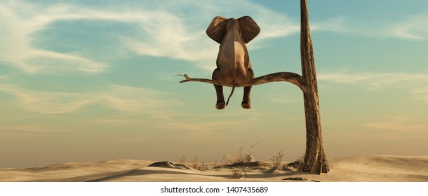 코끼리는 초현실적인 풍경 속에서 시든 나무의 얇은 가지에 서 있다.3d 렌더링 그림입니다. 스톡 일러스트