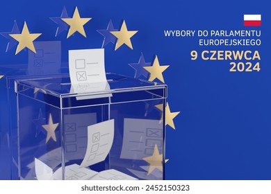 Elecciones europeas en Polonia. Una urna transparente sobre el fondo del símbolo de la Unión Europea con la inscripción polaca "Elecciones europeas 9 de junio de 2024", ilustración 3D Ilustración de stock