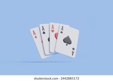 The four aces of spades, clubs, diamonds, and hearts are prominently displayed against a soft blue background, symbolizing power and success in card games. 3D render illustration ภาพประกอบสต็อก