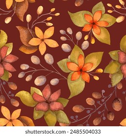 Fall flowers seamless pattern with leaves and berries on the  dark burgundy background. Hand drawn watercolor autumn floral illustration in green and orange colors for fabric and paper design. Arkistokuvituskuva