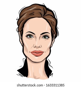 February 02, 2020: A sketch illustration portrait of American actress, filmmaker, and humanitarian Angelina Jolie Pitt. – Hình minh họa báo chí có sẵn