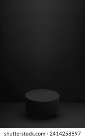 Flying black round podium, mockup on black background with shadow, vertical. Scene template for presentation cosmetic products, gifts, goods, advertising, design, display, showing in minimalist style. Ilustração Stock