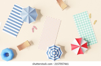 Flat lay summer vacation with beach towel, umbrella, chair and inflatable ring on cream color background. 3d rendering   Stock Illustration