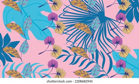 ピンクの葉の背景に花柄デザインのイラスト素材