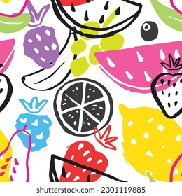 과일 매끄러운 패턴, 즙이 많은 과일, 사과, 배, 딸기, 오렌지 슬라이스, 복숭아, 자두, 바나나, 수박, 파파야, 포도, 레몬 그리고 딸기의 배경, 삽화입니다. 스톡 일러스트