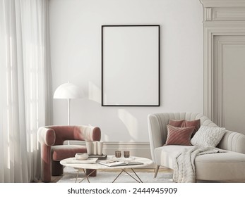 Frame mockup, ISO A paper size. Living room wall poster mockup. Interior mockup with house background. Modern interior design. 3D render
 ภาพประกอบสต็อก