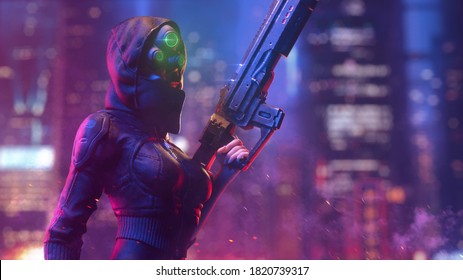 kapüşonlu deri ceket Fütüristik kadın gece görüş kask şehirde gece ışığı bokeh üzerinde bir yandan saldırı tüfeği tutar giyer. Sıkı siyah giysiler içinde tehlikeli bir cyberpunk kız 3d illüstrasyon.
