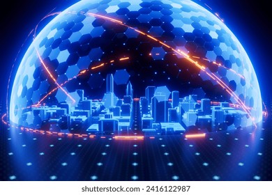 Futuristic city protected by digital dome. Concept of cyber security, smart home, internet security, data security, digital privacy, insurance and personal data protection. 3D Illustration – Hình minh họa có sẵn