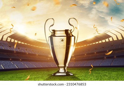 Karachi - Pakistan 05, 2023: UEFA Champions League Cup Trophy 3d rendering illustration. - Εικονογράφηση στοκ editorial