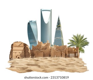 Kingdom of Saudi Arabia skyline with nature. celebrating the national day. abstract design template. old arch and dune sand, 3d illustration. isolated white background. Stock-illustration