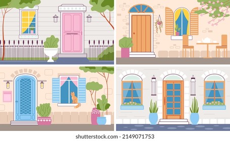 家の入り口。家のレンガの壁にファサードイラスト、ドアや窓。都市や田舎の住宅外観、かわいい通り。建物、建築まともなバナーのイラスト素材