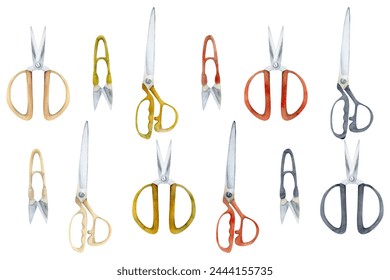 Hand drawn watercolor illustration sewing craft embroidery supplies tools. Fabric scissors shears thread cutting snips. Set of objects isolated on white background. Design atelier, tailor, hobby shop Stock-illustration