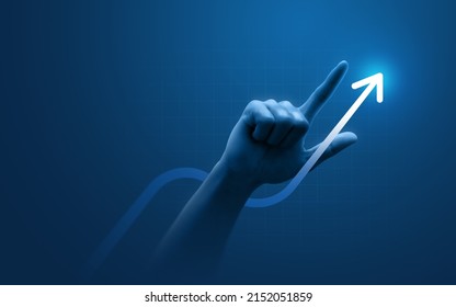 Hand pointing growth arrow success business target background of up icon direction development graph or investment finance profit stock market chart symbol and goal achievement on economy marketing.: stockillustratie