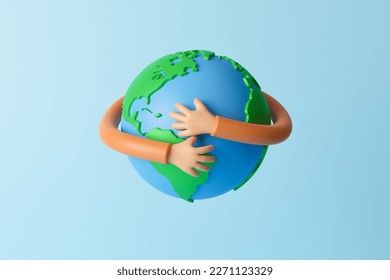 Happy Earth Day, 3d cartoon hands hug planet Earth. Concept of World Environment Day, Save the Earth, Protect environmental and eco green life, ecology and nature protect, 3d rendering illustration: stockillustratie