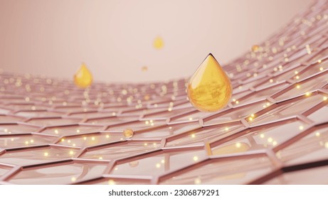 High vitamin skin treatment serum drop on skin cell with beautiful of magic particle sparkling light. cosmetic product and background concept. 3D rendering. Illustrazione stock