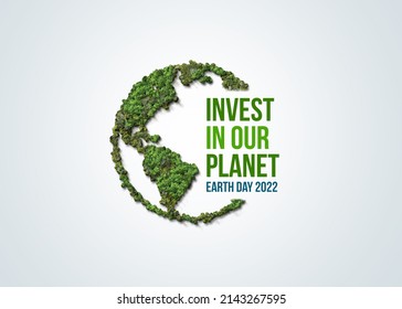 Invest in our planet. Earth day 2022 3d concept background. Ecology concept. Design with 3d globe map drawing and leaves isolated on white background.  Stock Illustration