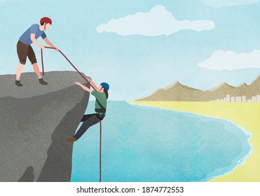 Illustration of man pulling woman with rope on cliff against sky Illustrazione stock
