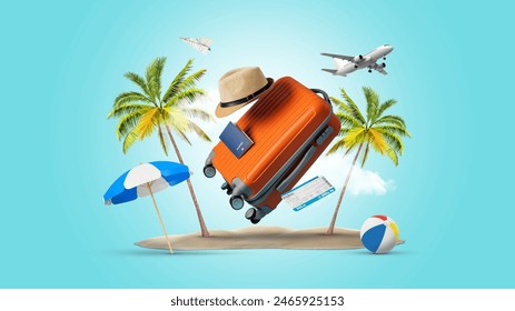 イラスト夏休みのコンセプト、旅行の休日、スマートフォンの美しい砂と海の背景に旅行袋やビーチアクセサリーのイラスト素材