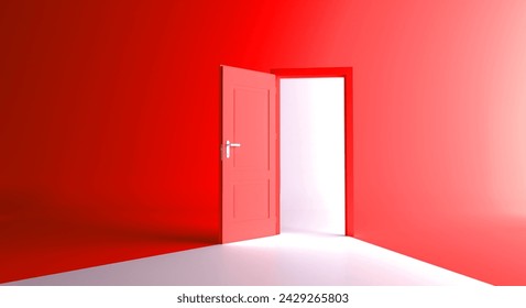 Open the door. Symbol of new career, opportunities, business ventures and initiative. Business concept. 3d render, white light inside open door isolated on red background. Modern minimal concept. 库存插图