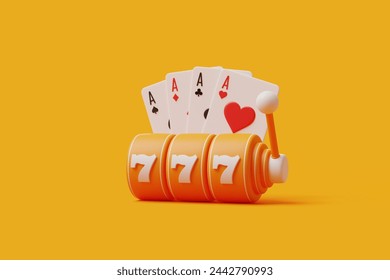 An orange slot machine with 777 jackpot and aces fanned out behind it on a vivid yellow backdrop. 3D render illustration ภาพประกอบสต็อก